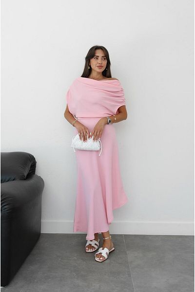 Havoş Pink Long Dress with Drawstring Detail on the Shoulders