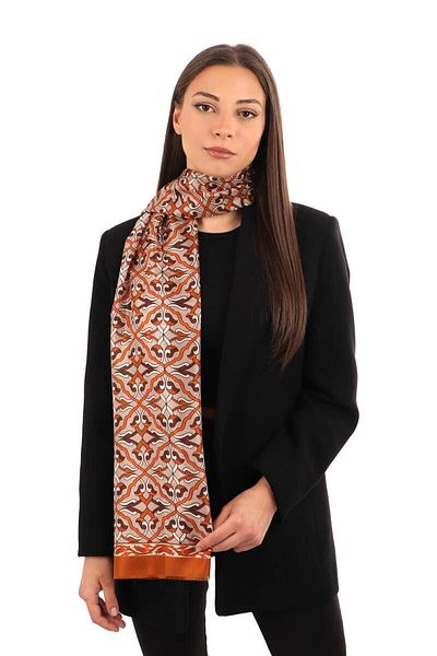 Bursa İpek Cinnamon Ivy Pattern Voile Silk Scarf