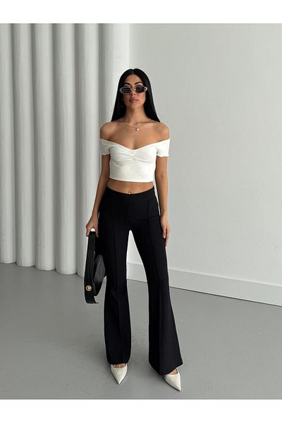 Appleline Women's Elastic Waist Spanish Legged Grassed Trousers Black