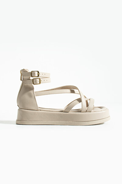 Gökçe Shoes Eitan Krem Arkadan Fermuarlı Kadın Sandalet