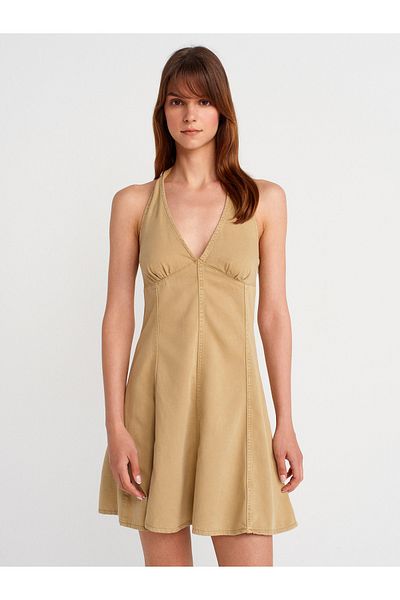 Dilvin 90568 Short Denim Dress with Elastic Back Section-Çağla