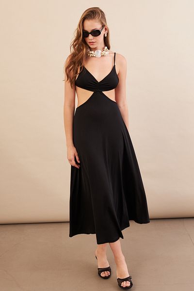 Cool & Sexy Γυναικείο μαύρο εξώπλατο φόρεμα με γιακά Halter Midi AN7036