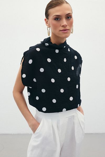 Sateen Polka Dot Patterned Blouse - Black