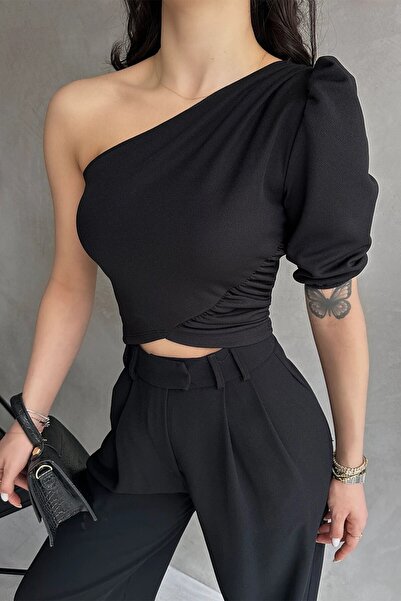 OLSAMODA BLUZ DE FEMEIE CU DETAIL CU șnur pe un singur umăr, din țesătură ela...