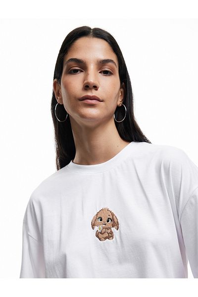 Koton Short Sleeve Crew Neck Cotton Dog Embroidered Oversize T-Shirt