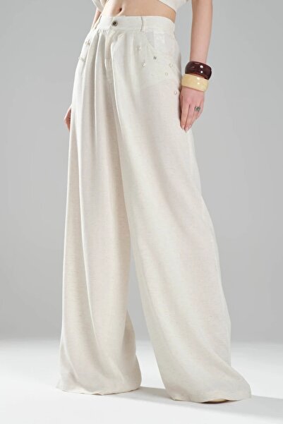 tw3 Kadın Keten İnci Detaylı Tasarım Taşlı Bol Paça Pantolon