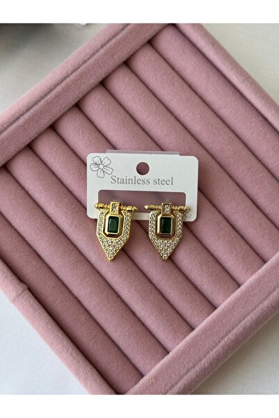 stainles steel Altın Renkli Zirkon Taşlı Ortası Yeşil Taşlı Tasarım Model Paslanmaz Çelik Küpe