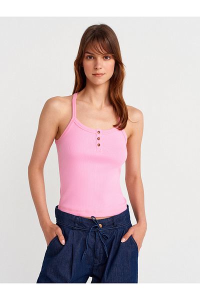 Dilvin 21106 Button Detailed Strappy Undershirt-Pink