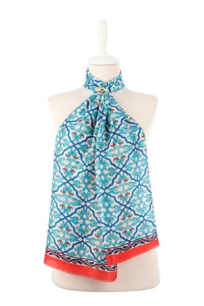 Bursa İpek Red Ivy Pattern Voile Silk Scarf