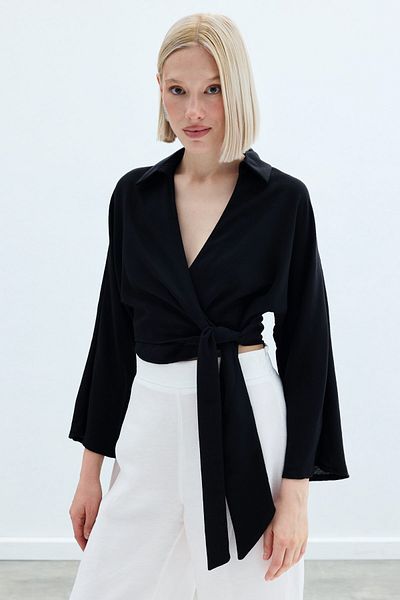 Sateen Tie-Up Linen Blouse - Black