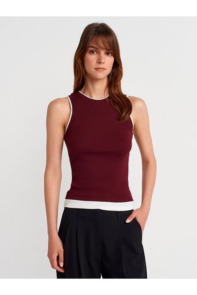 Dilvin 21086 Double Look Sleeveless Top-Burgundy