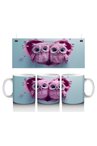 Luluyen Pink Owl Couple Mug Cup Looking at the Heart Frame That Makes Childre...