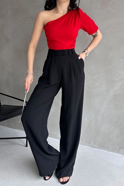 OLSAMODA Women's One Shoulder Tight Detail Flexible Knitted Fabric Bluz