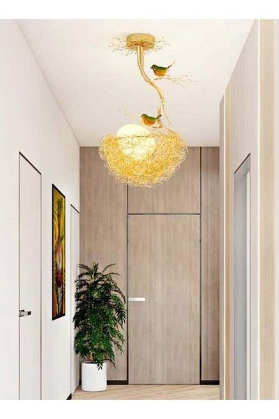 Ç3ŞM3D 1-Piece Creative Woven Nest Design Chandelier Aluminium and Glass Pendent Light with Birds LED Hangi