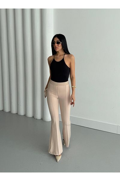 Appleline Women's Elastic Waist Spanish Legged Grassland Trousers Stone