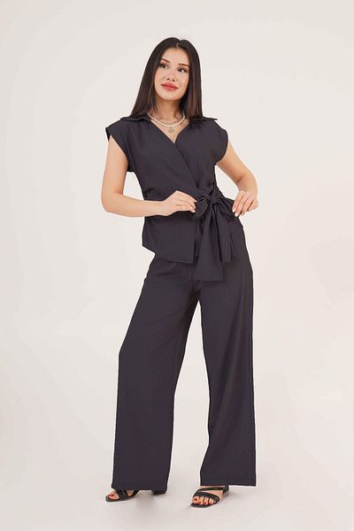 Hipo Trend Side Tie Black Blouse Trousers Double Set