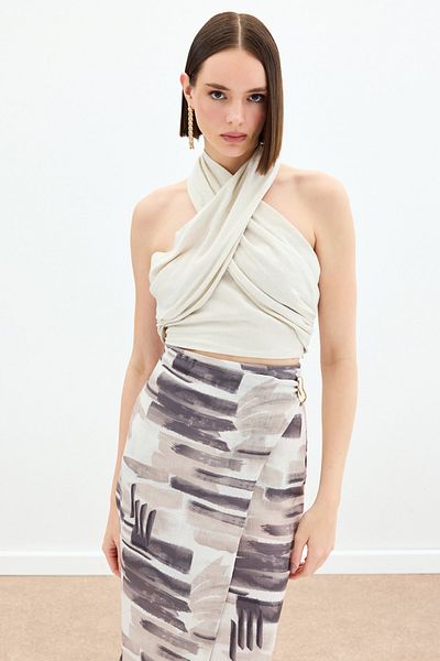 Sateen Bluză Crop de in cu gât Halter - Bej