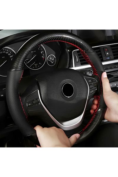 ideal STORE IdealStore steering wheel cover, perforated leather, Size M, Carbon black color with red stitching
