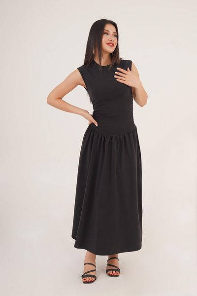 Hipo Trend Side Gather Detail Sleeveless Black Long Dress