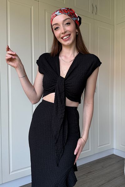 ereskiga Black Seersucker Fabric Skirt Suit with Ruffle Detail