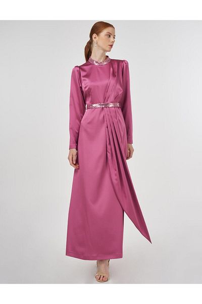 Kayra Κεντημένο σατέν ντραπέ φόρεμα Dusty Rose