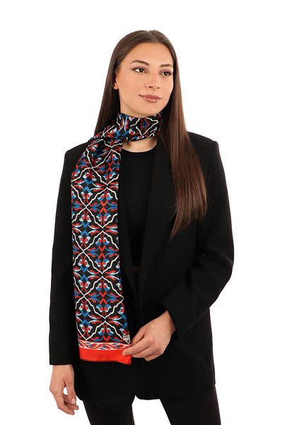 Bursa İpek Red Ivy Pattern Voile Silk Scarf