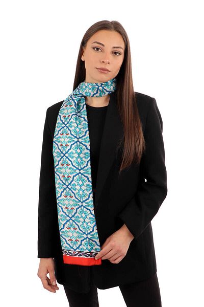 Bursa İpek Red Ivy Pattern Voile Silk Scarf