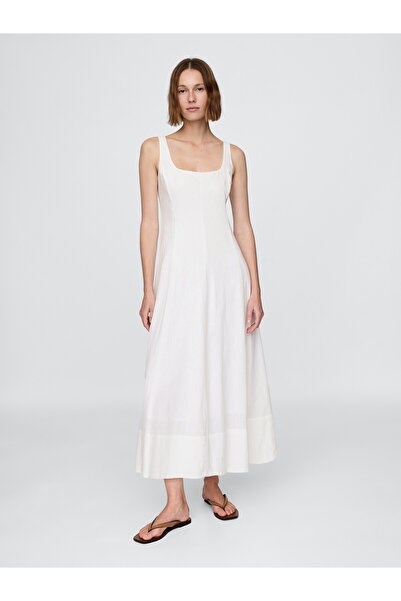 GAP Kadın Beyaz Keten Karışımlı Kare Yaka Maxi Elbise