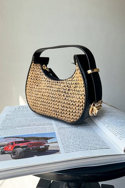 Cappmoda ÇNT-3034 Mini geantă de umăr cu detalii din paie neagră