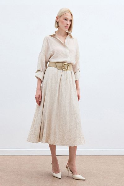 Sateen Kraşlı Flared Skirt - Beige