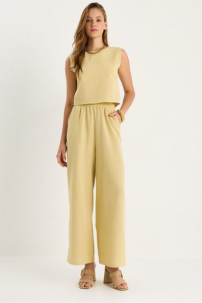 Bianco Lucci Women's Thick Strap Blouse Elastic Waist Pocket Detailed Loose Trousers Linen Suit 9384 60281086