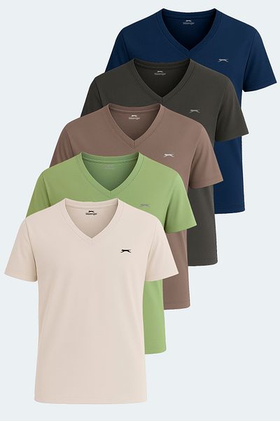 Slazenger KRAKKER Σετ 5 ανδρικών μπλουζών Σκούρο Γκρι - Ανοιχτό Πράσινο - Καφέ - Μπεζ - Ναυτικό Μπλε
