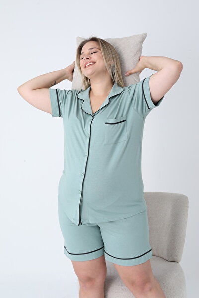 Miss Dünya Lissa Shirt Collar Front Buttoned Plus Size Shorts Knitted Fabric Pajama Set