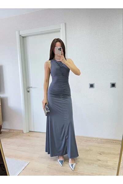 LUMİART Bürümcük Fabric Lined Inside Drawstring Sleeveless Gathered Long Dress - Smoked