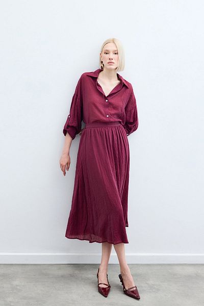 Sateen Kraşlı Flared Skirt - Burgundy