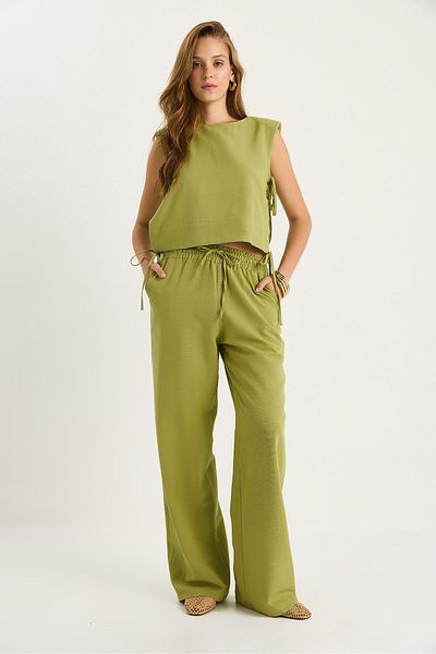 Bianco Lucci Women's Padded Side Tie Blouse with Elastic Waist Loose Trousers Linen Suit 9389 60281084