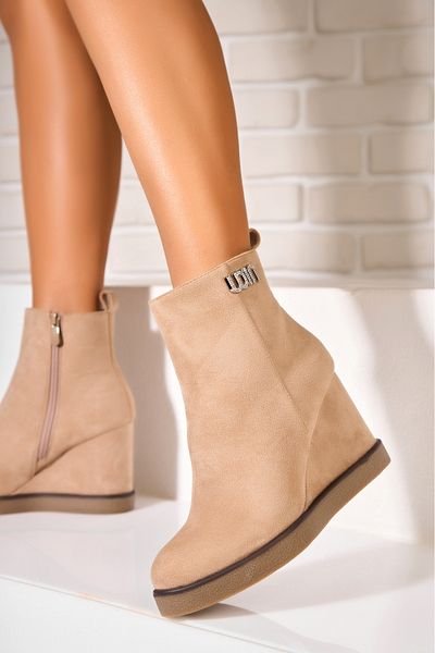 Joana Women's Khaki Fur-lined Ankle Boots Made of Halla Eco-Suede Leather