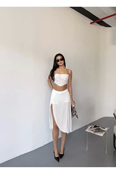 IVORA WEAR Fusta despicata cu buzunare si pantaloni scurti - alb