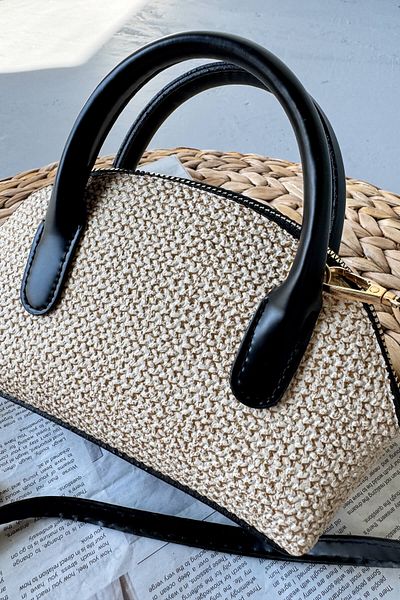 Cappmoda ÇNT-3035 Mini geantă neagră cu mâner texturat din paie