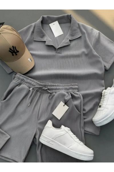 Sende Yakala Ribbed Ottoman Premium Fabric Polo Neck Unisex T-Shirt and Shorts Set