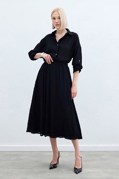 Sateen Kraşlı Flared Skirt - Black