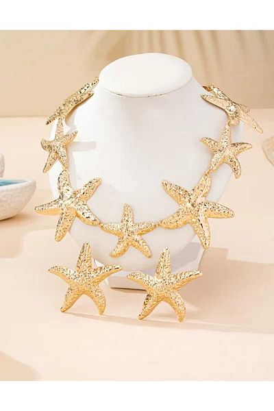 beynaaksesuar Starfish Gold Plated Necklace and Earring Set Gift for Lover Gift for Mom