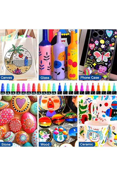 zola Set 12 markere acrilice,2 capete subtire si gros, 1-5 mm, suprafete universale, multicolore