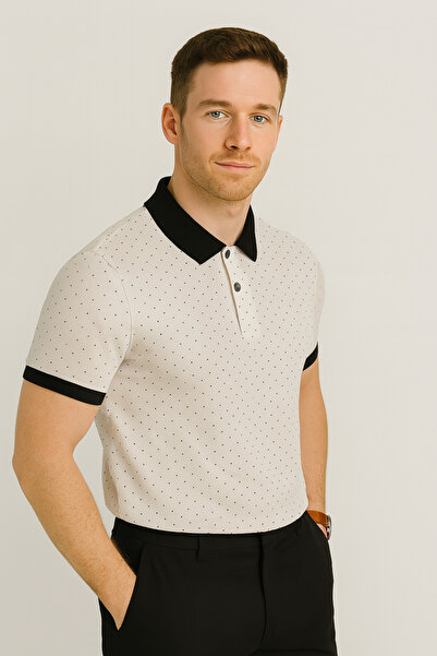 LACİVERTMEN Navy Blue Men's 2120 Ecru Black Collar Polo Neck T-Shirt Micro Polka Dot Pattern, Stylish Casual Style