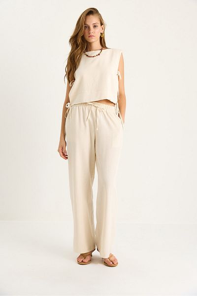 Bianco Lucci Women's Padded Side Tie Blouse with Elastic Waist Loose Trousers Linen Suit 9389 60281084