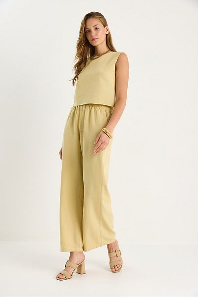 Bianco Lucci Women's Thick Strap Blouse Elastic Waist Pocket Detailed Loose Trousers Linen Suit 9384 60281086