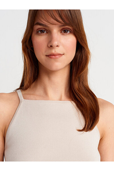 Dilvin 10772 Askılı Fiyonk Detaylı Triko Bluz-Taş