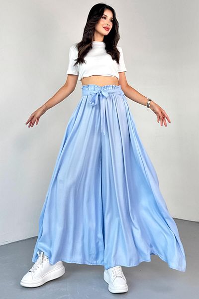 Cappmoda Pnt-07410 Baby Blue Woven Belted Shalwar Skirt Trousers