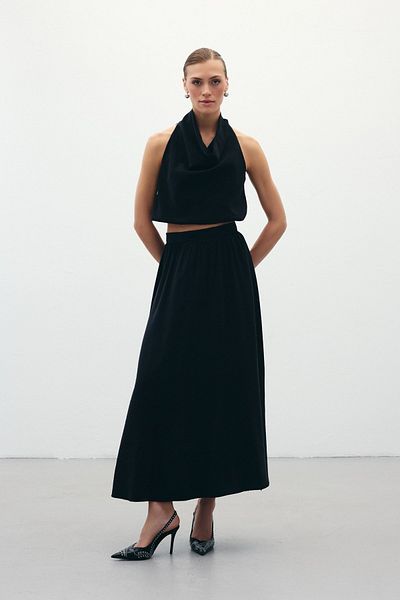 Sateen Slit Long Skirt - Black