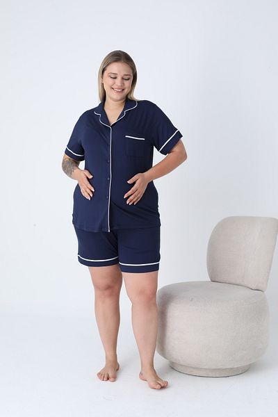 Miss Dünya Lissa Shirt Collar Front Buttoned Plus Size Shorts Knitted Fabric Pajama Set